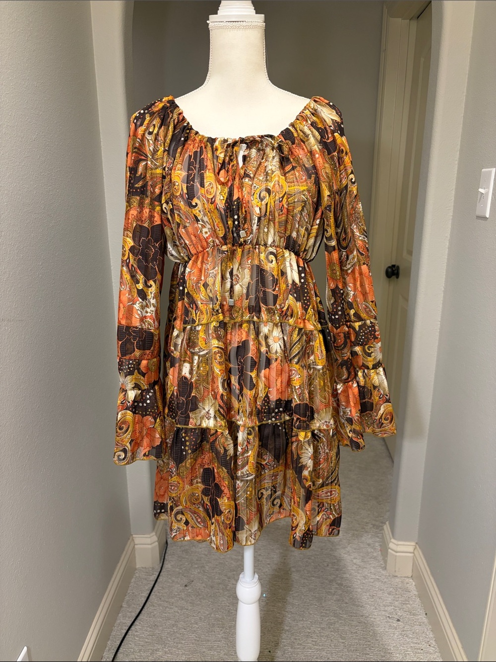 Tiered Long-Sleeve Bohemian Dress in Autumn Floral